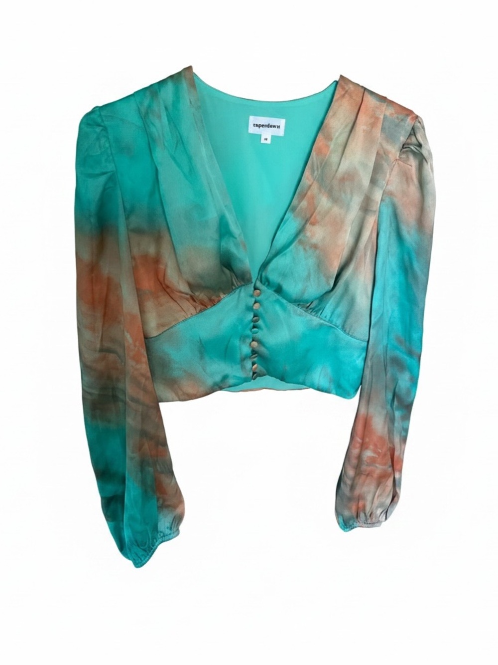 Superdown Medium Teal Multi Tie-Dye Satin V-Neck Crop Top